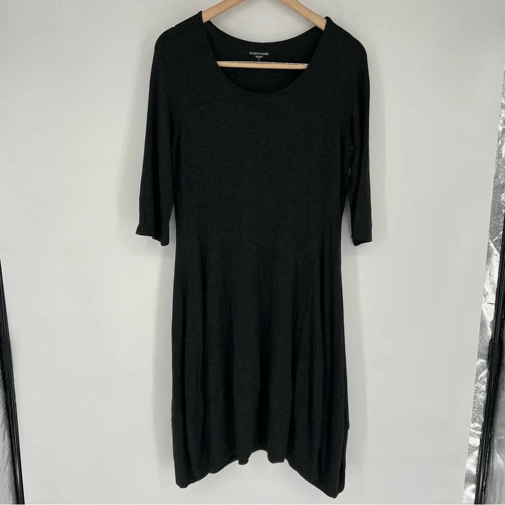 Eileen Fisher Jersey 3/4‎ Sleeve Charcoal Gray Dress Medium